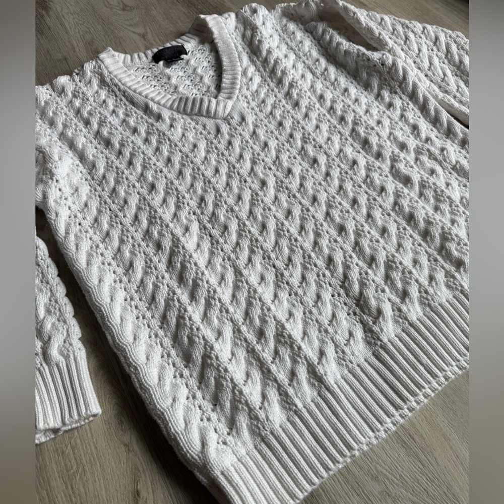 Vintage Premier Sport White Cotton Cable Knit Cottage Chunky V-Neck Sweater Lrg - Picture 2 of 9